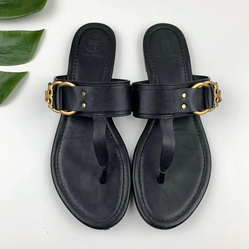 Tory Burch Marsden Sandals Flat Thong Black Leather Slip On Logo Women's 9